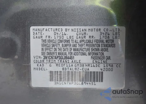 2016 Nissan Versa 1.6 Sv from USA, damaged, VIN 3N1CN7AP3GL894451